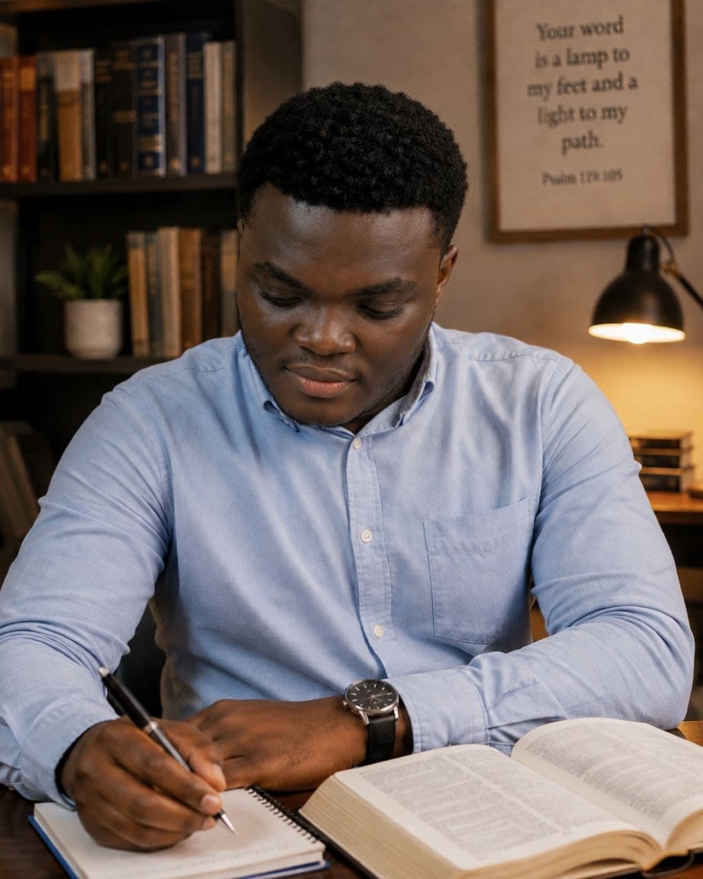 Oluwaseun reading and writing beside an open Bible in a library